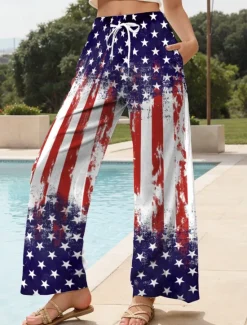 Sale Women's Wide Leg Chinos Baggy Pants Vacation Vintage Fashion Full Length High WaistPantsAmerican Independence Day Graphic Flag Drawstring Printing Soft Breathable Micro-elastic Formal Vacation Street Women Independence Day Bottoms