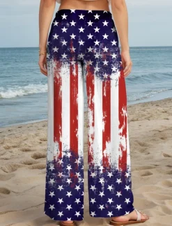 Sale Women's Wide Leg Chinos Baggy Pants Vacation Vintage Fashion Full Length High WaistPantsAmerican Independence Day Graphic Flag Drawstring Printing Soft Breathable Micro-elastic Formal Vacation Street Women Independence Day Bottoms