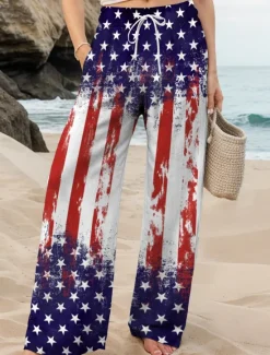 Sale Women's Wide Leg Chinos Baggy Pants Vacation Vintage Fashion Full Length High WaistPantsAmerican Independence Day Graphic Flag Drawstring Printing Soft Breathable Micro-elastic Formal Vacation Street Women Independence Day Bottoms