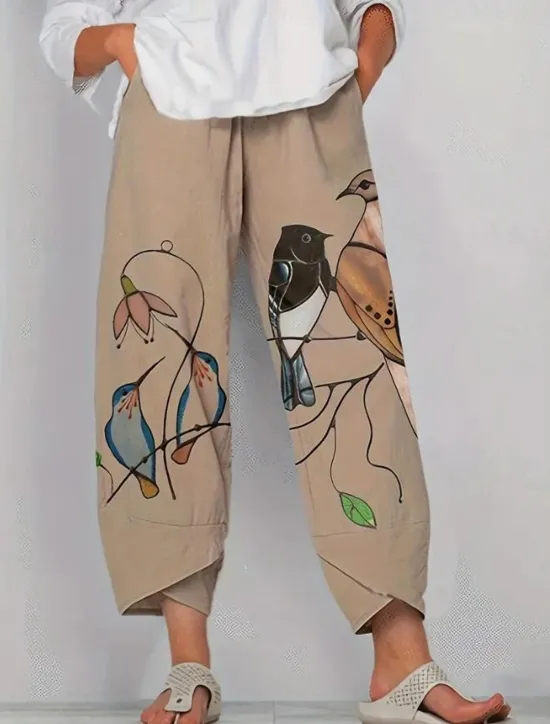 Outlet Women's Wide Leg Chinos Baggy Pants Vacation Basic Casual Ankle-Length High Waist Floral Graphic Bird Printing Thermal Warm Soft Breathable Micro-elastic Vacation Street Causal Black White Blue Green Women Pants