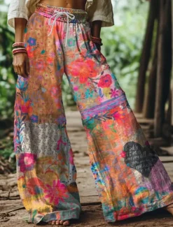 Discount Women's Wide Leg Chinos Baggy Pants Vacation Vintage Ethnic Style Full Length High Waist Floral Graphic Printing Thermal Warm Soft Breathable Micro-elastic Vacation Street Causal claret Deep Green Women Pants
