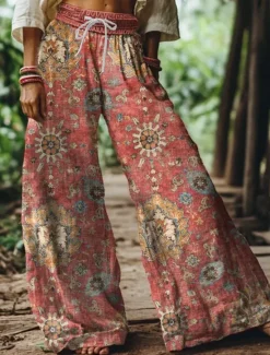 Discount Women's Wide Leg Chinos Baggy Pants Vacation Vintage Ethnic Style Full Length High Waist Floral Graphic Printing Thermal Warm Soft Breathable Micro-elastic Vacation Street Causal claret Deep Green Women Pants