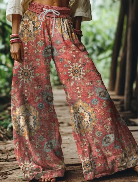 Discount Women's Wide Leg Chinos Baggy Pants Vacation Vintage Ethnic Style Full Length High Waist Floral Graphic Printing Thermal Warm Soft Breathable Micro-elastic Vacation Street Causal claret Deep Green Women Pants