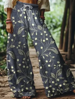 Discount Women's Wide Leg Chinos Baggy Pants Vacation Vintage Ethnic Style Full Length High Waist Floral Graphic Printing Thermal Warm Soft Breathable Micro-elastic Vacation Street Causal claret Deep Green Women Pants