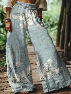 Discount Women's Wide Leg Chinos Baggy Pants Vacation Vintage Ethnic Style Full Length High Waist Floral Graphic Printing Thermal Warm Soft Breathable Micro-elastic Vacation Street Causal claret Deep Green Women Pants