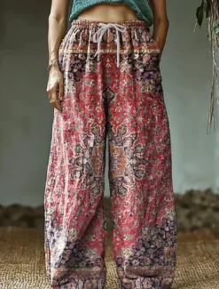Discount Women's Wide Leg Chinos Baggy Pants Vacation Vintage Ethnic Style Full Length High Waist Floral Graphic Printing Thermal Warm Soft Breathable Micro-elastic Vacation Street Causal claret Deep Green Women Pants