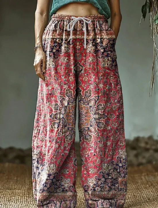Discount Women's Wide Leg Chinos Baggy Pants Vacation Vintage Ethnic Style Full Length High Waist Floral Graphic Printing Thermal Warm Soft Breathable Micro-elastic Vacation Street Causal claret Deep Green Women Pants