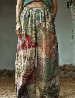 Discount Women's Wide Leg Chinos Baggy Pants Vacation Vintage Ethnic Style Full Length High Waist Floral Graphic Printing Thermal Warm Soft Breathable Micro-elastic Vacation Street Causal claret Deep Green Women Pants