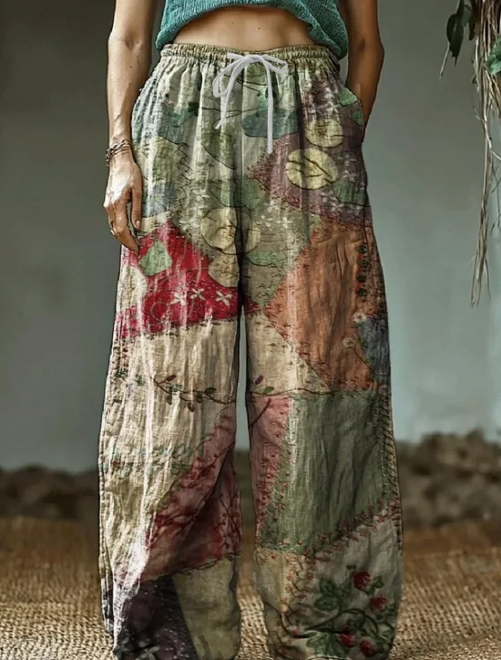 Discount Women's Wide Leg Chinos Baggy Pants Vacation Vintage Ethnic Style Full Length High Waist Floral Graphic Printing Thermal Warm Soft Breathable Micro-elastic Vacation Street Causal claret Deep Green Women Pants