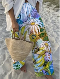Hot Women's Wide Leg Chinos Baggy Pants Vacation Fashion Hawaiian Full Length High Waist Floral Graphic Drawstring Printing Soft Breathable Micro-elastic Vacation Street Causal Sky Blue And White White Women Pants