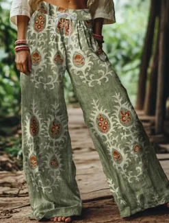 Best Women's Wide Leg Chinos Baggy Pants Vacation Vintage Fashion Full Length High Waist Floral Graphic Printing Soft Breathable Micro-elastic Formal Vacation Street Pink Blue Green Summer Spring Loose Fit Women Pants