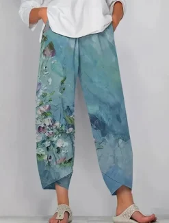 Online Women's Wide Leg Chinos Baggy Pants Vacation Vintage Ethnic Style Full Length High Waist Floral Graphic Printing Thermal Warm Soft Breathable Micro-elastic Vacation Street Causal Dark-Gray Robin's Women Pants