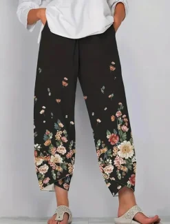 Online Women's Wide Leg Chinos Baggy Pants Vacation Vintage Ethnic Style Full Length High Waist Floral Graphic Printing Thermal Warm Soft Breathable Micro-elastic Vacation Street Causal Dark-Gray Robin's Women Pants