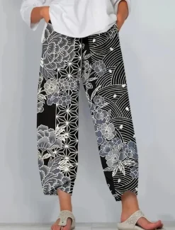 Online Women's Wide Leg Chinos Baggy Pants Vacation Vintage Ethnic Style Full Length High Waist Floral Graphic Printing Thermal Warm Soft Breathable Micro-elastic Vacation Street Causal Dark-Gray Robin's Women Pants