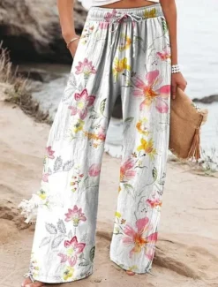 Outlet Women's Wide Leg Chinos Baggy Pants Vacation Fashion Hawaiian Full Length High Waist Floral Graphic Drawstring Printing Soft Breathable Micro-elastic Vacation Street Causal Violet off-white Deep Blue Women Pants