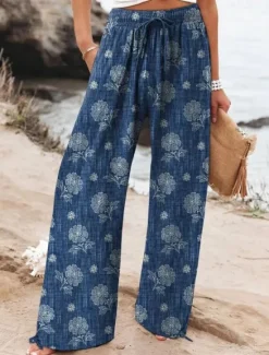 Outlet Women's Wide Leg Chinos Baggy Pants Vacation Fashion Hawaiian Full Length High Waist Floral Graphic Drawstring Printing Soft Breathable Micro-elastic Vacation Street Causal Violet off-white Deep Blue Women Pants