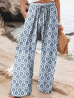 Outlet Women's Wide Leg Chinos Baggy Pants Vacation Fashion Hawaiian Full Length High Waist Floral Graphic Drawstring Printing Soft Breathable Micro-elastic Vacation Street Causal Violet off-white Deep Blue Women Pants