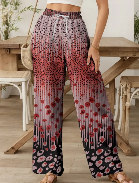 Women's Wide Leg Chinos Baggy Pants Vacation Vintage Fashion Full Length High Waist Graphic Leopard Geometric Printing Thermal Warm Soft Breathable Micro-elastic Vacation Street Causal Dark red Women Pants