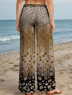 Women's Wide Leg Chinos Baggy Pants Vacation Vintage Fashion Full Length High Waist Graphic Leopard Geometric Printing Thermal Warm Soft Breathable Micro-elastic Vacation Street Causal Dark red Women Pants