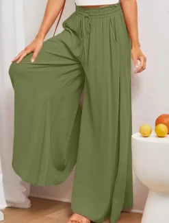 Outlet Women's Wide Leg Chinos Baggy Pants Basic Casual Full Length High Waist Plain Pocket Elastic Waistband Comfy Soft Comfortable Micro-elastic Outdoor Street Blue Orange Green Khaki Summer Spring Women Pants