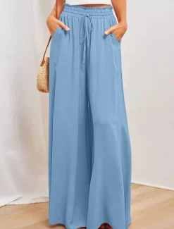 Outlet Women's Wide Leg Chinos Baggy Pants Basic Casual Full Length High Waist Plain Pocket Elastic Waistband Comfy Soft Comfortable Micro-elastic Outdoor Street Blue Orange Green Khaki Summer Spring Women Pants