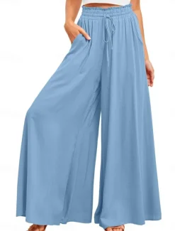Outlet Women's Wide Leg Chinos Baggy Pants Basic Casual Full Length High Waist Plain Pocket Elastic Waistband Comfy Soft Comfortable Micro-elastic Outdoor Street Blue Orange Green Khaki Summer Spring Women Pants