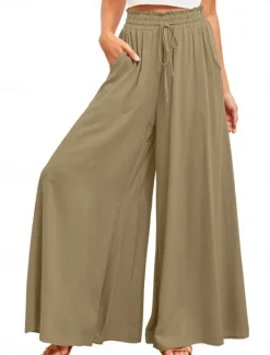 Outlet Women's Wide Leg Chinos Baggy Pants Basic Casual Full Length High Waist Plain Pocket Elastic Waistband Comfy Soft Comfortable Micro-elastic Outdoor Street Blue Orange Green Khaki Summer Spring Women Pants