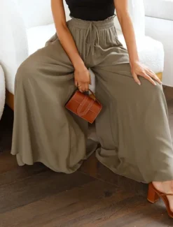 Outlet Women's Wide Leg Chinos Baggy Pants Basic Casual Full Length High Waist Plain Pocket Elastic Waistband Comfy Soft Comfortable Micro-elastic Outdoor Street Blue Orange Green Khaki Summer Spring Women Pants