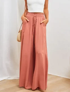 Outlet Women's Wide Leg Chinos Baggy Pants Basic Casual Full Length High Waist Plain Pocket Elastic Waistband Comfy Soft Comfortable Micro-elastic Outdoor Street Blue Orange Green Khaki Summer Spring Women Pants