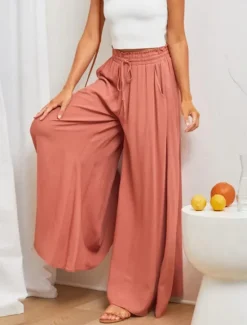 Outlet Women's Wide Leg Chinos Baggy Pants Basic Casual Full Length High Waist Plain Pocket Elastic Waistband Comfy Soft Comfortable Micro-elastic Outdoor Street Blue Orange Green Khaki Summer Spring Women Pants