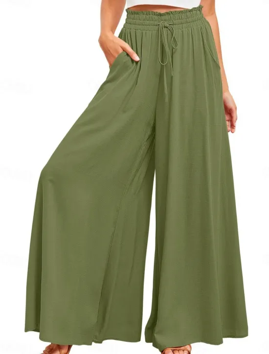 Outlet Women's Wide Leg Chinos Baggy Pants Basic Casual Full Length High Waist Plain Pocket Elastic Waistband Comfy Soft Comfortable Micro-elastic Outdoor Street Blue Orange Green Khaki Summer Spring Women Pants