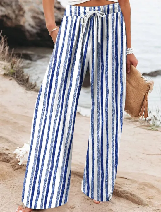 Online Women's Wide Leg Chinos Beach Shorts Vacation Fashion Casual Full Length High Waist Graphic Geometric Drawstring Printing Soft Breathable Micro-elastic Vacation Casual Daily Violet Robin's Egg Blue Women Pants