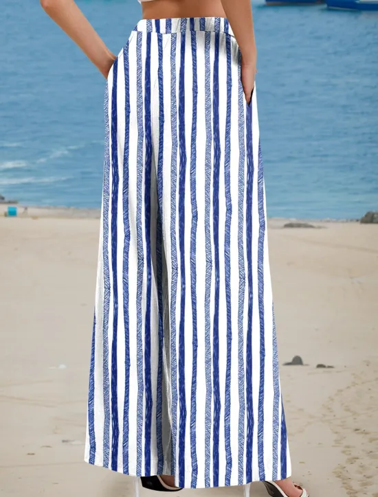 Online Women's Wide Leg Chinos Beach Shorts Vacation Fashion Casual Full Length High Waist Graphic Geometric Drawstring Printing Soft Breathable Micro-elastic Vacation Casual Daily Violet Robin's Egg Blue Women Pants