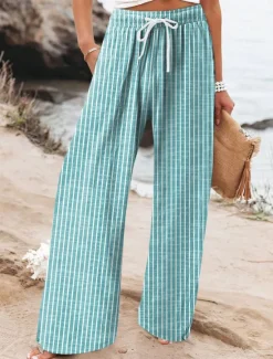 Clearance Women's Wide Leg Chinos Beach Shorts Vacation Fashion Casual Full Length High Waist Graphic Stripe Drawstring Printing Soft Breathable Micro-elastic Vacation Casual Daily Violet Robin's Egg Blue Green Women Pants