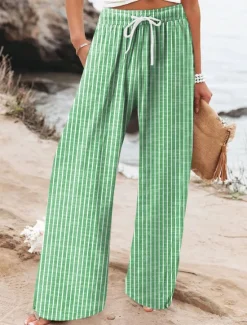 Clearance Women's Wide Leg Chinos Beach Shorts Vacation Fashion Casual Full Length High Waist Graphic Stripe Drawstring Printing Soft Breathable Micro-elastic Vacation Casual Daily Violet Robin's Egg Blue Green Women Pants