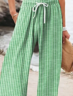 Clearance Women's Wide Leg Chinos Beach Shorts Vacation Fashion Casual Full Length High Waist Graphic Stripe Drawstring Printing Soft Breathable Micro-elastic Vacation Casual Daily Violet Robin's Egg Blue Green Women Pants
