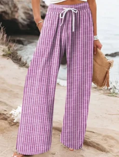 Clearance Women's Wide Leg Chinos Beach Shorts Vacation Fashion Casual Full Length High Waist Graphic Stripe Drawstring Printing Soft Breathable Micro-elastic Vacation Casual Daily Violet Robin's Egg Blue Green Women Pants