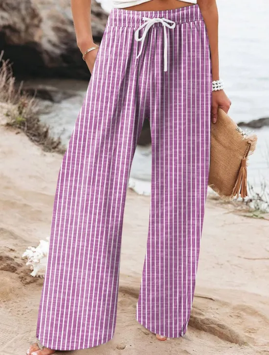 Clearance Women's Wide Leg Chinos Beach Shorts Vacation Fashion Casual Full Length High Waist Graphic Stripe Drawstring Printing Soft Breathable Micro-elastic Vacation Casual Daily Violet Robin's Egg Blue Green Women Pants