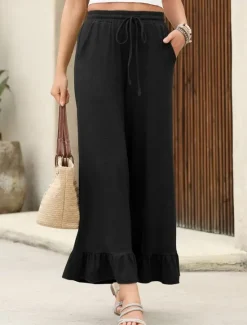 Clearance Women's Wide Leg Chinos Cropped Pants Basic Casual Ankle-Length High Waist Plain Pocket Elastic Waistband Comfy Soft Comfortable Micro-elastic Outdoor Street Black Pink Navy Blue Blue Summer Spring Women Pants