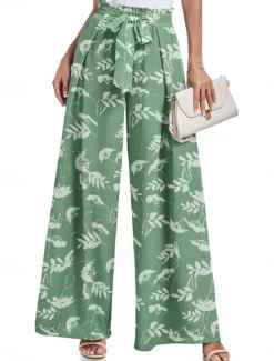 Outlet Women's Wide Leg Chinos Fashion Streetwear Full Length High Waist Floral Leaf Pocket Elastic Waistband Printing Comfy Soft Comfortable Micro-elastic Outdoor Street Navy-blue Light Green Wine Blue Women Pants