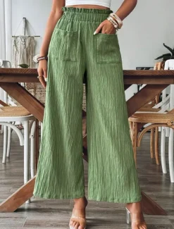 Best Women's Wide Leg Chinos Fashion Streetwear Full Length High Waist Plain Pocket Elastic Waistband Comfy Soft Comfortable Micro-elastic Outdoor Street Black Green Khaki Spring & Fall Regular Fit Women Pants