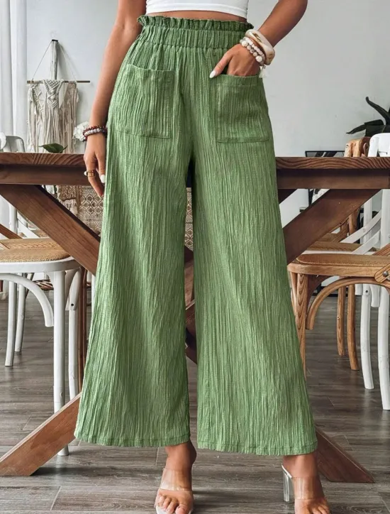 Best Women's Wide Leg Chinos Fashion Streetwear Full Length High Waist Plain Pocket Elastic Waistband Comfy Soft Comfortable Micro-elastic Outdoor Street Black Green Khaki Spring & Fall Regular Fit Women Pants