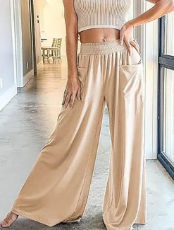 New Women's Wide Leg Chinos Fashion Streetwear Full Length High Waist Plain Pocket Elastic Waistband Comfy Soft Comfortable Micro-elastic Outdoor Street Apricot Fuchsia Summer Spring Regular Fit Women Pants