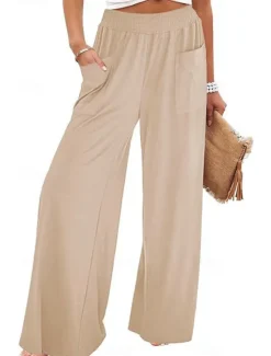 New Women's Wide Leg Chinos Fashion Streetwear Full Length High Waist Plain Pocket Elastic Waistband Comfy Soft Comfortable Micro-elastic Outdoor Street Apricot Fuchsia Summer Spring Regular Fit Women Pants