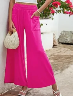 New Women's Wide Leg Chinos Fashion Streetwear Full Length High Waist Plain Pocket Elastic Waistband Comfy Soft Comfortable Micro-elastic Outdoor Street Apricot Fuchsia Summer Spring Regular Fit Women Pants