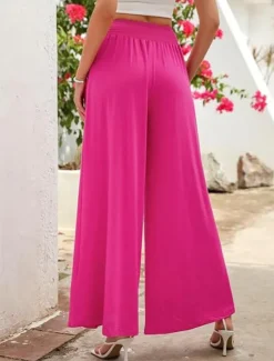 New Women's Wide Leg Chinos Fashion Streetwear Full Length High Waist Plain Pocket Elastic Waistband Comfy Soft Comfortable Micro-elastic Outdoor Street Apricot Fuchsia Summer Spring Regular Fit Women Pants
