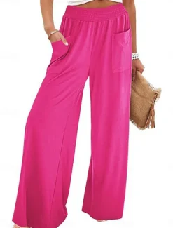 New Women's Wide Leg Chinos Fashion Streetwear Full Length High Waist Plain Pocket Elastic Waistband Comfy Soft Comfortable Micro-elastic Outdoor Street Apricot Fuchsia Summer Spring Regular Fit Women Pants