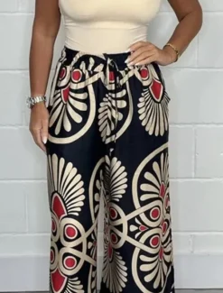 Women's Wide Leg Chinos Fashion Streetwear Full Length High Waist Floral Elastic Waistband Print Comfy Soft Comfortable Micro-elastic Outdoor Street Apple Green Black Dark Navy Green Summer Spring Women Pants|Spring Pants