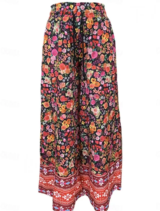 Women's Wide Leg Chinos Fashion Streetwear Full Length High Waist Floral Pocket Elastic Waistband Print Comfy Soft Comfortable Micro-elastic Outdoor Street Spring & Fall Regular Fit Women Spring Pants