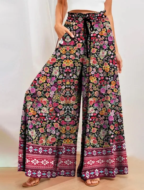 Women's Wide Leg Chinos Fashion Streetwear Full Length High Waist Floral Pocket Elastic Waistband Print Comfy Soft Comfortable Micro-elastic Outdoor Street Spring & Fall Regular Fit Women Spring Pants